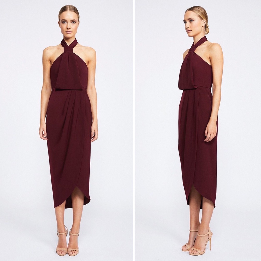 ✨NWT✨ Burgundy SHONA JOY Core Knot Draped Tulip Hem Dress Sz 4
